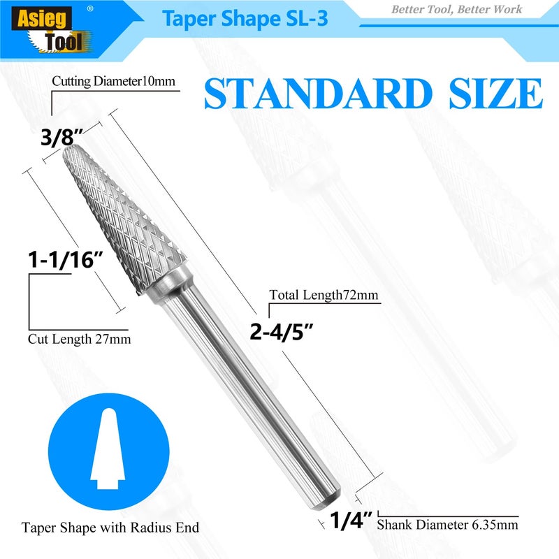 Asieg Tool SL-3 Tungsten Carbide Burr Rotary File Taper Shape with Radius End Double Cut with 1/4" Shank for Die Grinder Drill Bit - Image 2